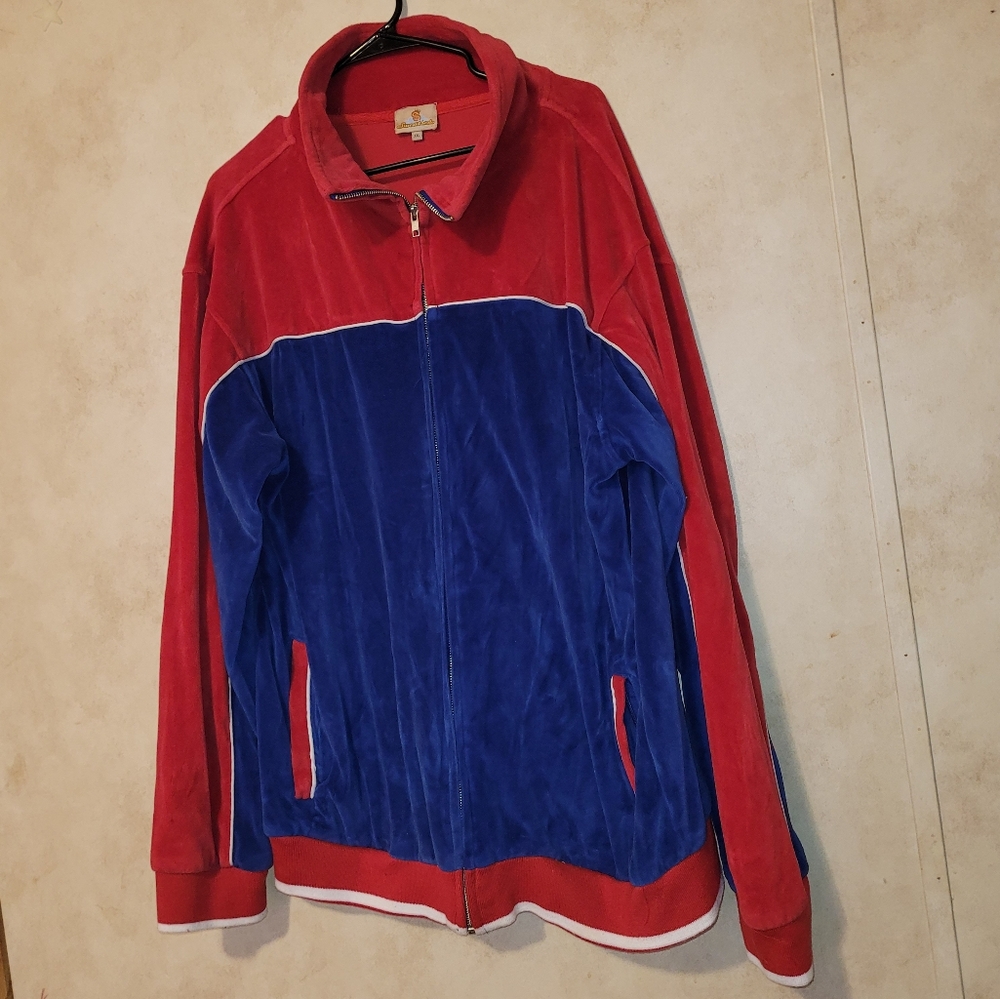 Sweatscdo Velour Track Suit Jacket Men’s Size XXL Blue/Red W/ White Piping Vtg